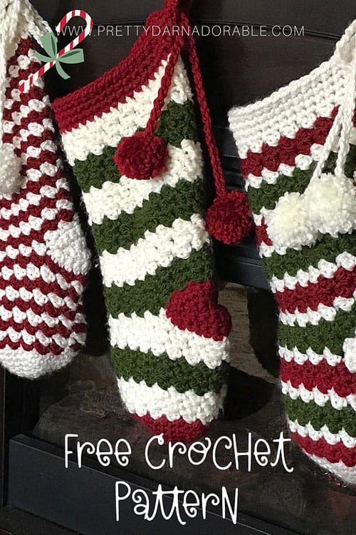 crocheted christmas stockings hanging from a fireplace with text overlay that says free crochet pattern