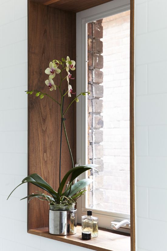 a potted plant sitting on top of a window sill next to a mirror