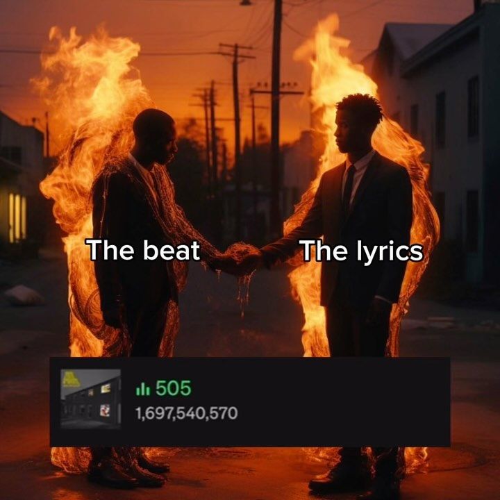 two men shaking hands in front of fire with the words, the beat the lyrics