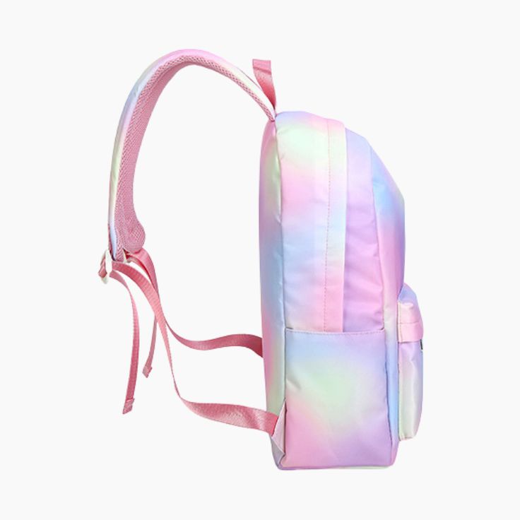 A Rainbow Clouds Backpack that looks just like cotton candy! It has an internal zipper pocket, a safe pocket for a laptop, a central bag opening for large items, small item pockets, a side pocket, and a front zipper pocket. This magical bag is efficient and cute. Ideal for school or work providing quality for daily use. Get this gradient and colorful backpack this year! Size:- Length: 11.4" (29 cm)- Width: 5.1" (13 cm)- Height: 16.5" (42 cm) Material: nylon & polyester Pink Nylon Backpack For School, Pink Nylon School Backpack, Pink Nylon Backpack For Students, Pink Nylon Backpack With Pockets, Trendy Nylon Backpack For Study, Cute Pink Nylon Backpack, Casual Pink Backpack With Zipper Pocket, End Of School Year Nylon Backpack With Zipper Closure, Trendy Backpack With Zipper For Study