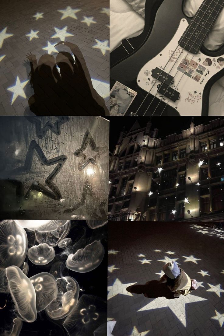 a collage of images with various things in the middle one is a guitar, and the other has stars on it