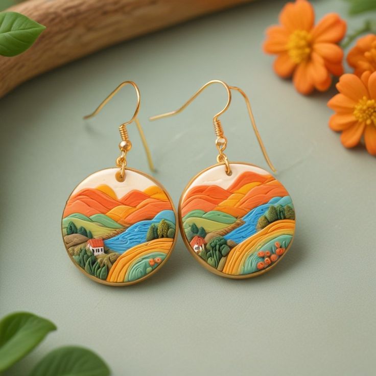 a pair of earrings sitting on top of a table next to orange flowers and leaves