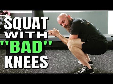 a man squats on his knees in front of a barbell with the words squat with bad knees