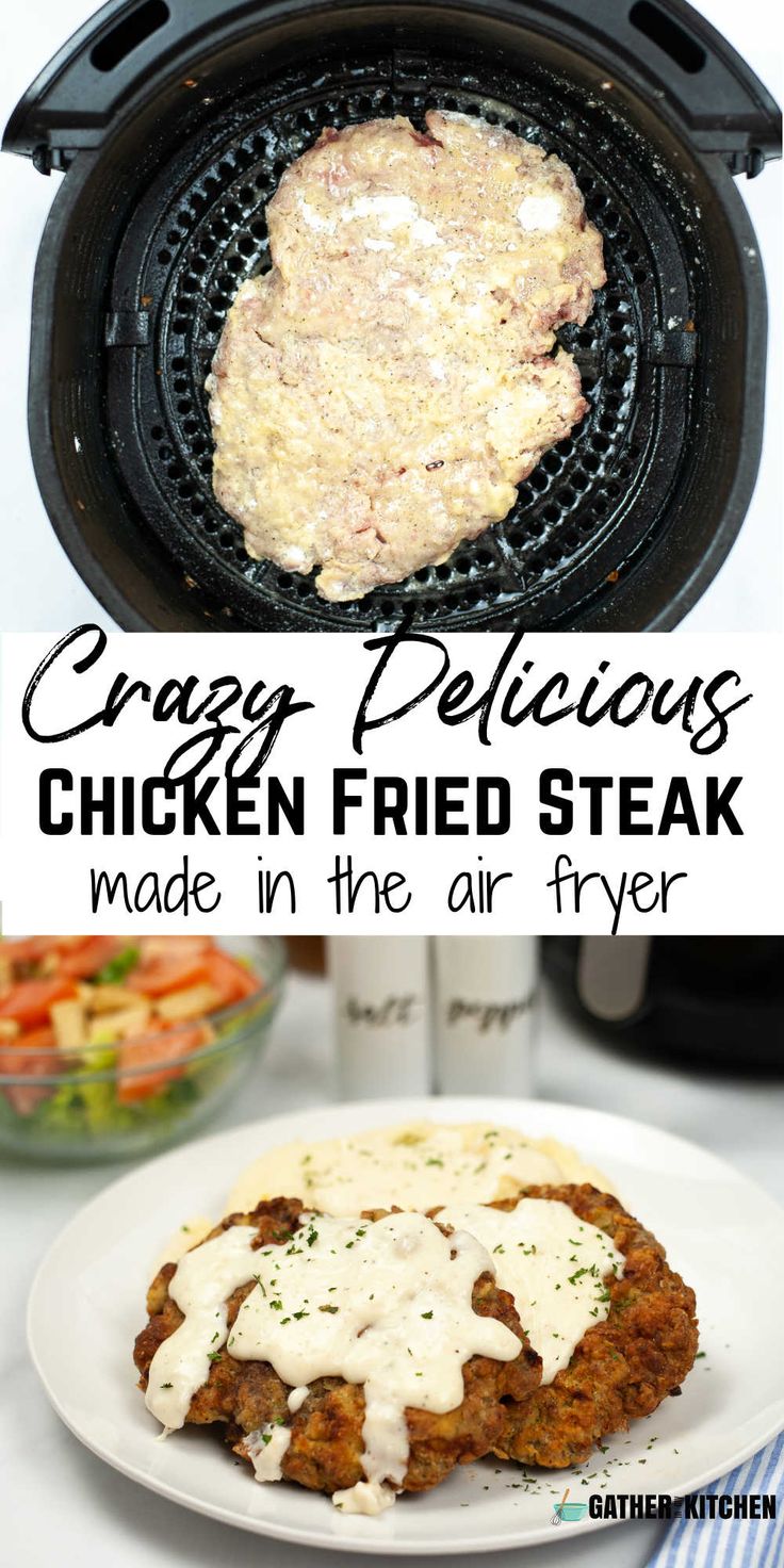 chicken fried steak in the air fryer with gravy and sauce on top