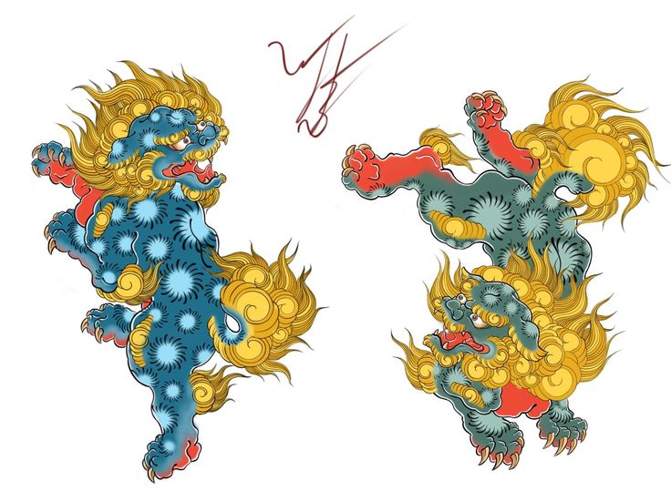 two blue and yellow dragon designs on white paper