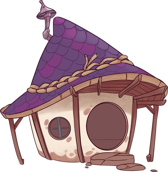 a small house with a purple roof and a bell on the top is shown in cartoon style