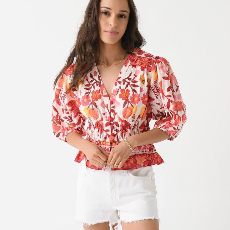 Brand New With Tags Farm Rio Blouse Feminine Red Cotton Tops, Feminine Red Cotton Blouse, Red Cotton Feminine Tops, Red Cotton Blouse For Brunch, Red Feminine Summer Tops, Spring Brunch Red Blouse, Feminine Red Tops For Spring, Red Blouse For Spring Brunch, Shoulder Knots