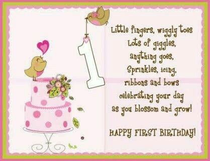 a pink birthday card with two birds on top of a cake and the words happy first birthday