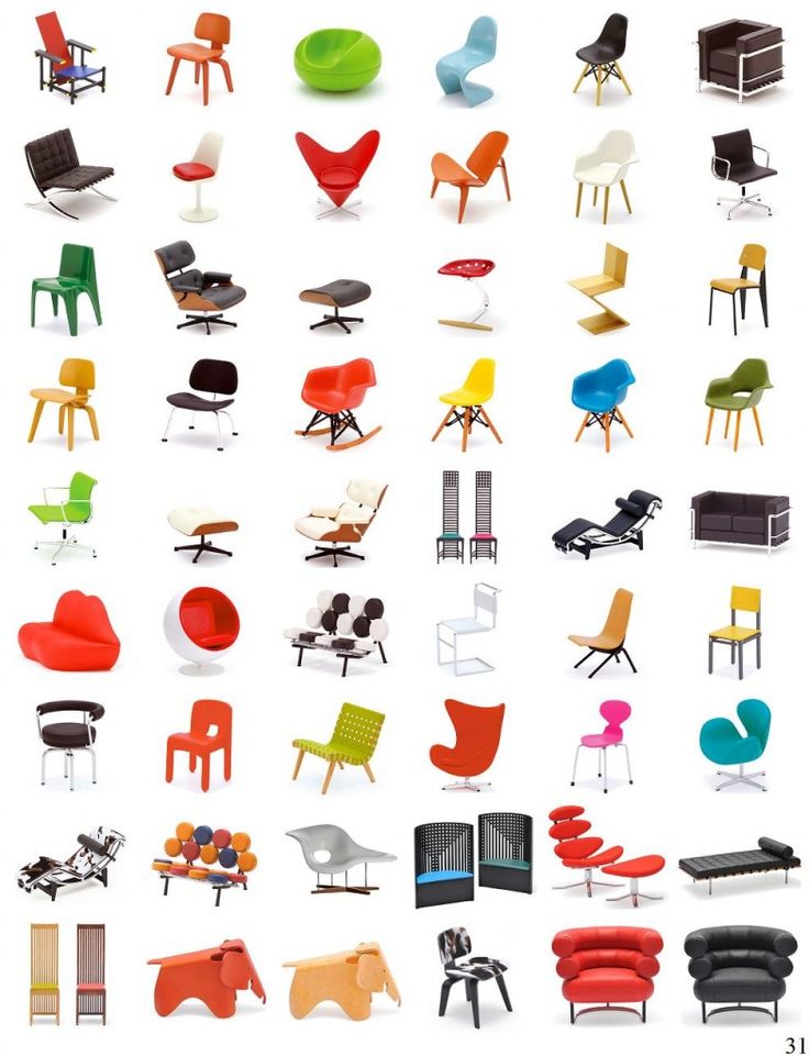 an image of various chairs and tables in different colors, sizes and shapes on a white background