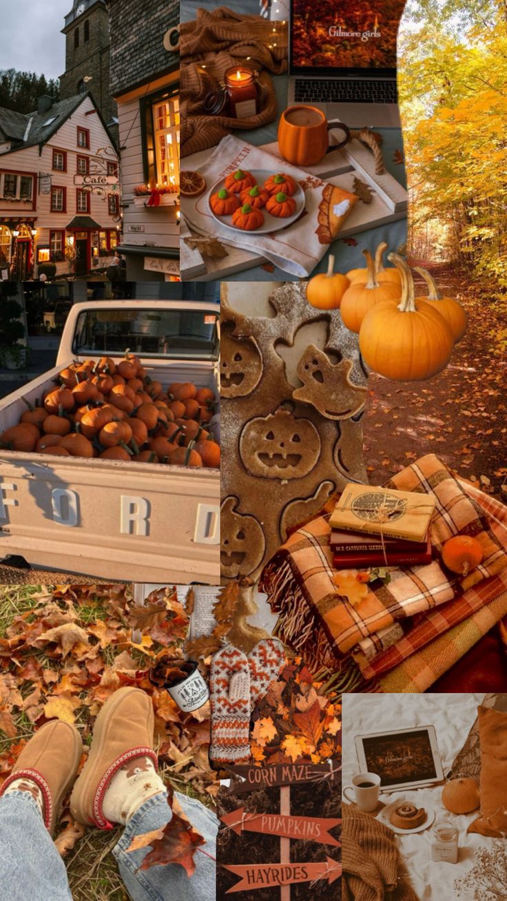 a collage of photos with pumpkins and other things