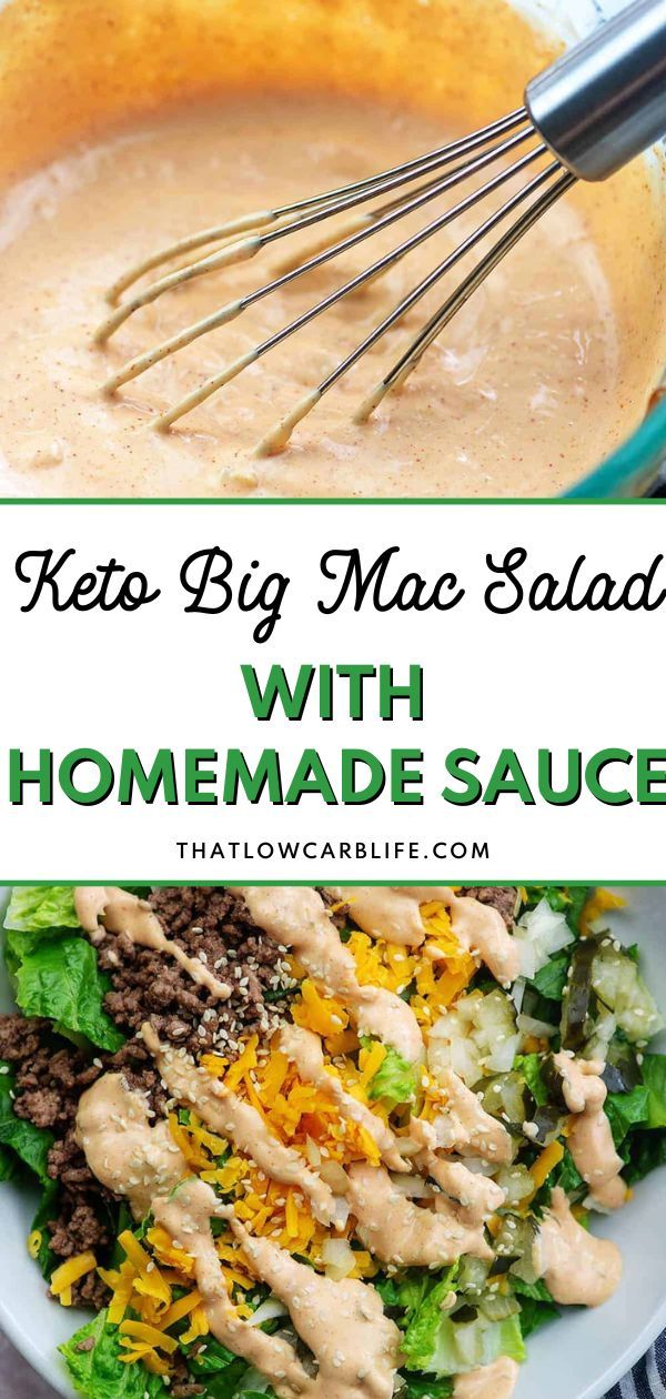 a bowl filled with salad next to a whisk on top of it and the words, keto big mac salad with homemade sauce