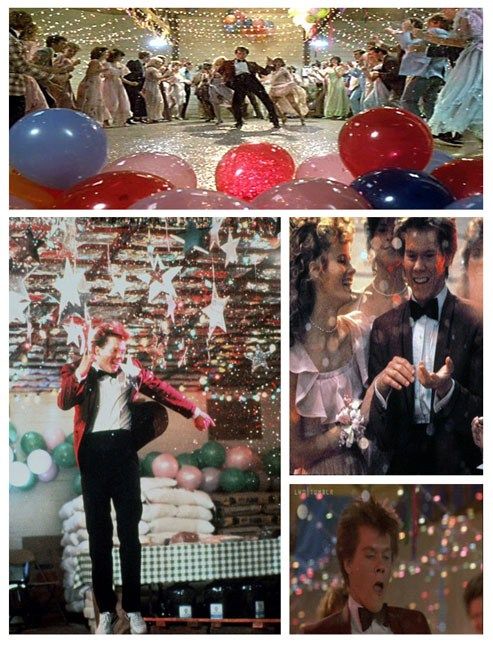 the collage shows people dancing, and balloons with streamers in front of them