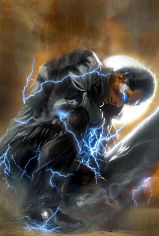 a digital painting of a man kneeling down in the middle of a lightning storm with his hands on his knees