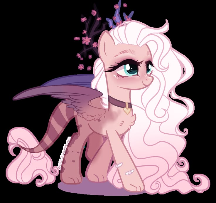 a pinkie pony with long hair and flowers on it's head, sitting in front of a white background