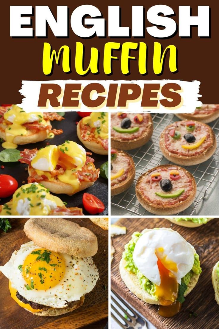 english muffins with eggs and cheese on them are shown in this collage