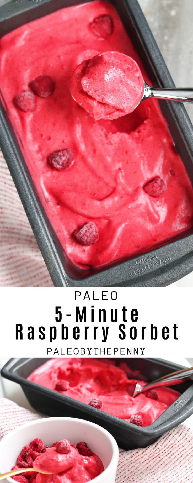 raspberry sorbet in a baking pan with spoons and text overlay that reads paleo 5 - minute raspberry sorbet