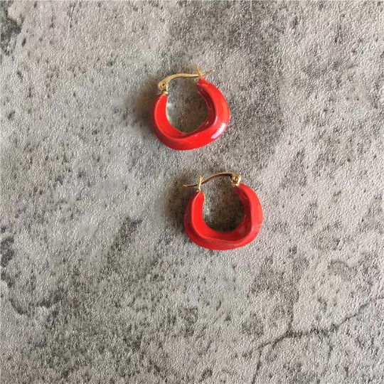 [MATERIAL]: Brass with enamel. [HOOP SIZE]: 20mm or 0.78" Red Everyday Earrings, Red Small Hoop Earrings For Everyday, Small Hoop Red Earrings For Everyday, Small Red Hoop Earrings For Everyday Wear, Red Enamel Round Earrings, Red Enamel Trendy Earrings, Red Round Enamel Earrings, Trendy Enamel Earrings For Everyday, Trendy Red Enamel Earrings