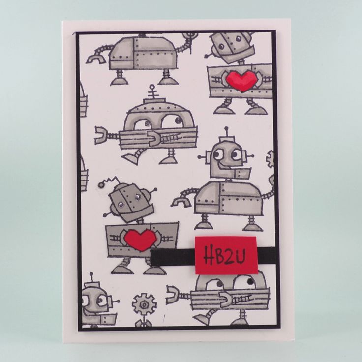 a card with robots on it that says h2u and has a red heart