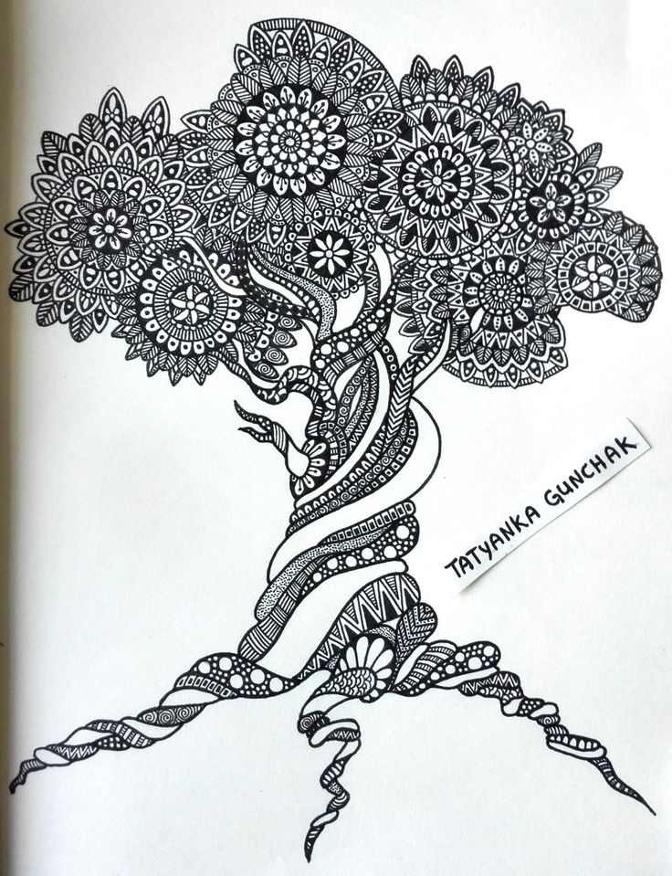 a black and white drawing of a tree with flowers