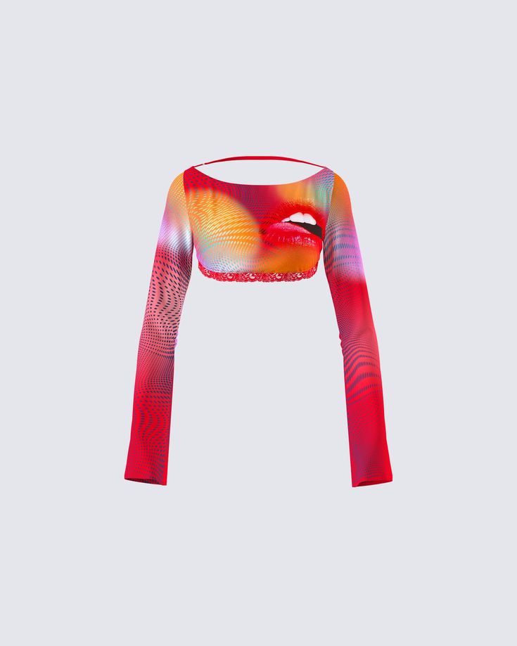 For the baddies that like to stand out 👀 Being the center of attention is an understatement in this abstract print top. You're hot... you know it, they know it 😘 Fitted Long Sleeve Crop Top With Graphic Print, Red Stretch Top With Graphic Print, Red Stretch Tops With Graphic Print, Spring Graphic Print Fitted Crop Top, Multicolor Stretch Y2k Tops, Y2k Multicolor Stretch Tops, Y2k Style Multicolor Stretch Tops, Y2k Fitted Printed Tops, Trendy Fitted Tops With All Over Print