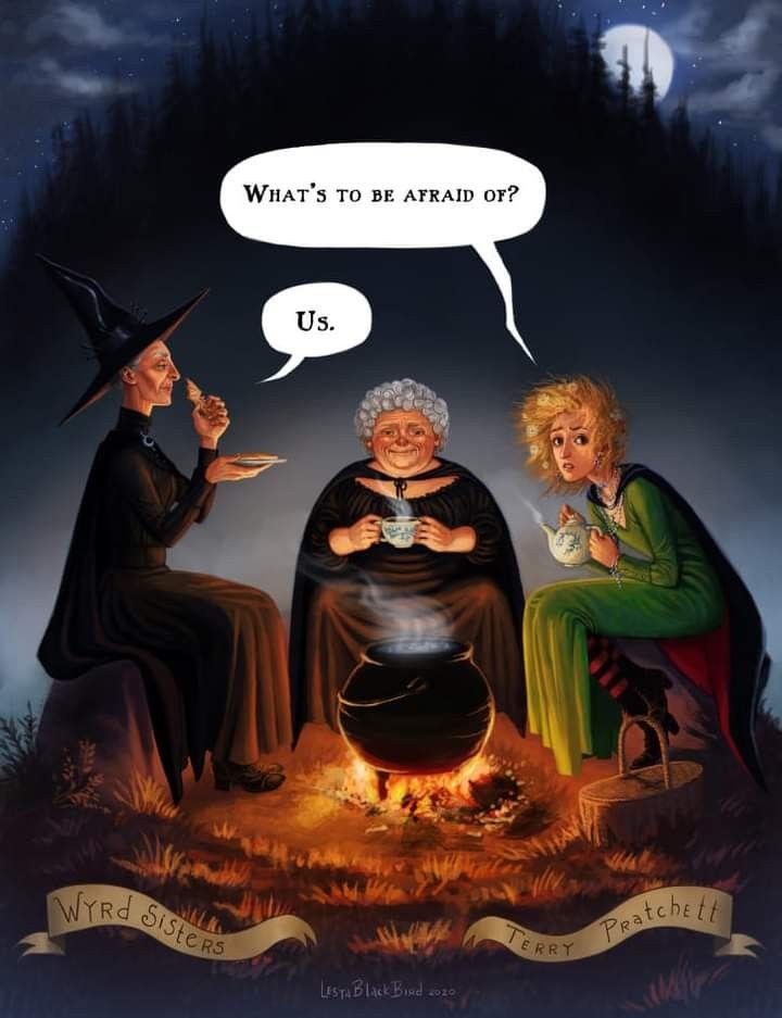 three witches sitting around a caulder with the caption what's to be afraid? us