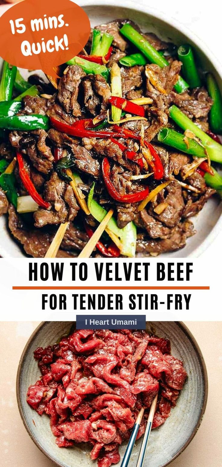 beef stir fry in a bowl with chopsticks next to it and the words how to velvet beef for tender stir fry