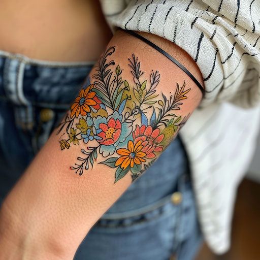 Wildflower Tattoo Artistry Set Color Plant Tattoo, Quilted Tattoo, Traditional Aster Flower Tattoo, Large Ankle Tattoos For Women, Unique Wrist Tattoos For Women, Mexican Style Tattoos For Women, Ball Mason Jar Tattoo, Wild Flower Half Sleeve Tattoo, Flower Cuff Tattoo