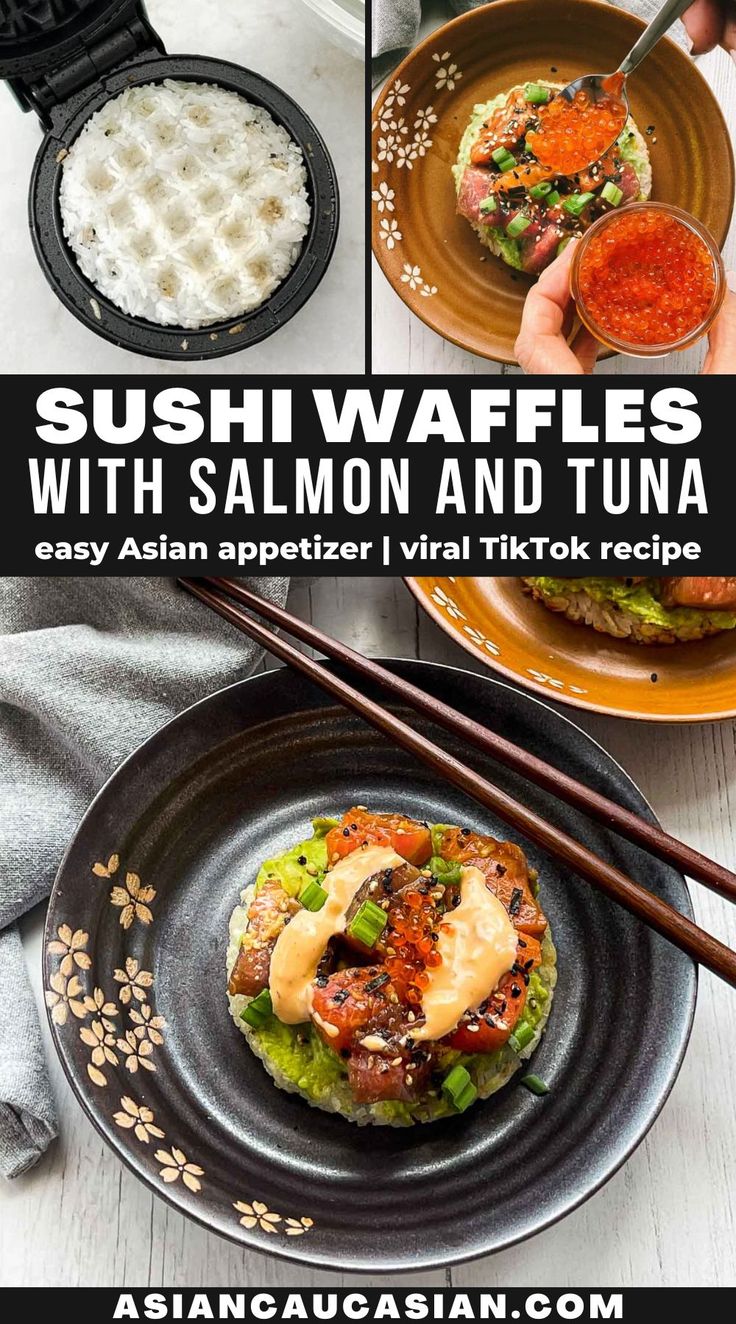 Sushi Waffles with Salmon and Tuna is a viral TikTok recipe favorite! Crispy white rice is made in a mini waffle maker, then layered with mashed avocado, chunks of sushi-grade salmon and tuna, and topped with salmon roe and a spicy aioli. This simple Japanese recipe makes the perfect easy Asian appetizer or starter for your next dinner party, family dinner or a romantic date night at home! #asianfusion #easysushirecipe Romantic Date Night At Home, Asian Seafood, Cooking Avocado, Sushi Recipes Homemade, Mini Waffle Maker, Asian Appetizers, Sushi Roll Recipes, Spicy Aioli, Easy Sushi