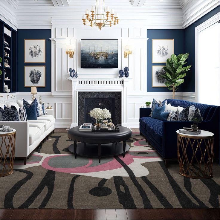 a living room filled with furniture and a fire place under a chandelier in front of a fireplace