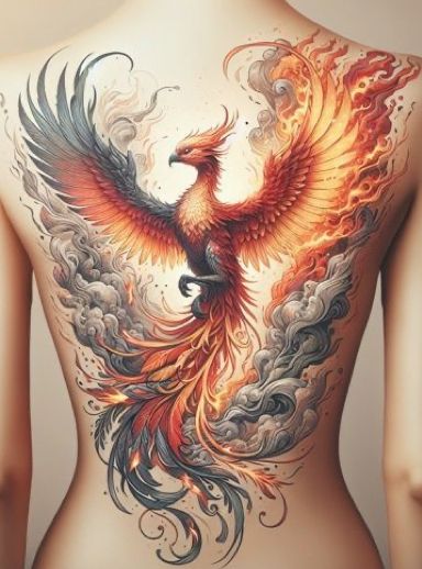 the back of a woman's body with tattoos on it and a large bird