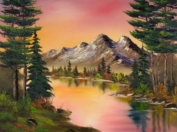 a painting of a mountain lake surrounded by trees