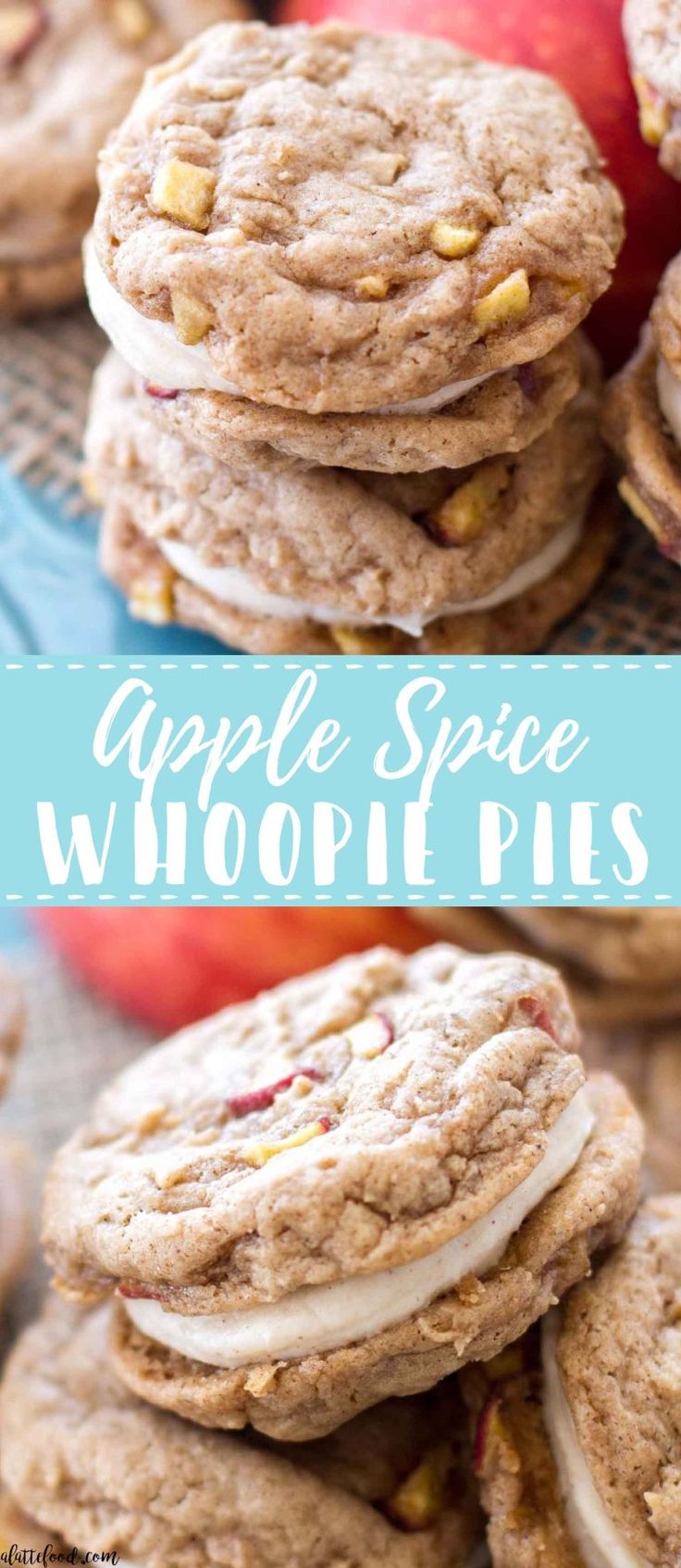 apple spice whoop pies stacked on top of each other