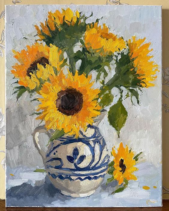 a painting of sunflowers in a blue and white vase