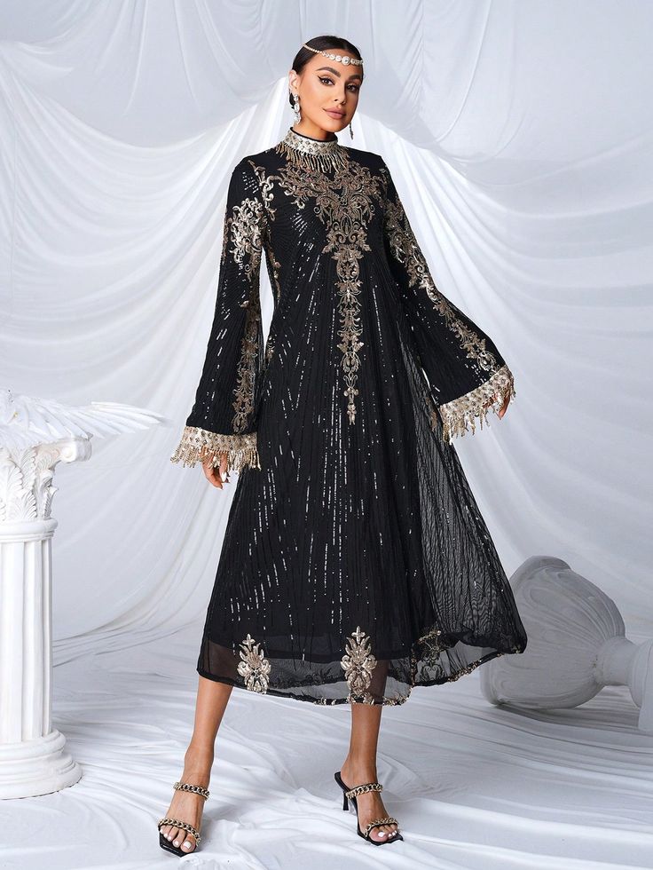 Women's Stand Collar Long Sleeve Sequined Glamorous Arabian Dress Black Elegant  Long Sleeve Fabric Colorblock,Floral,All Over Print A Line Non-Stretch  Weddings & Events, size features are:Bust: ,Length: ,Sleeve Length: Arabian Dress, Women Formals, Woman Standing, Formal Evening Dresses, Ladies Party, Dress P, Stand Collar, All Over Print, All Fashion