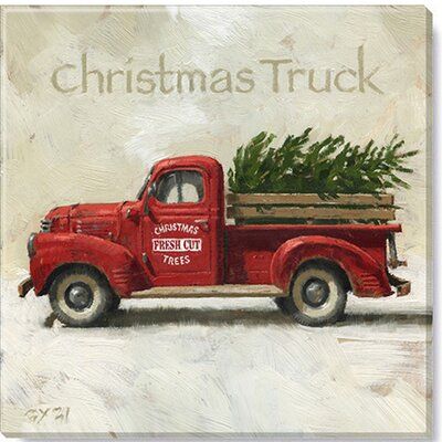 an old red truck with a christmas tree in the back is shown on a white background