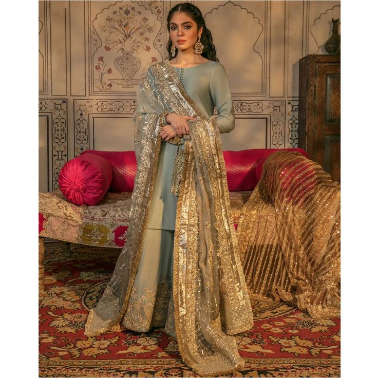 Brand New, Never Worn! An Ice Blue Kameez And Flared Pants. The Lower Features Stylized Chandeliers Decorated With Floral Vines. Paired With A Sheer Dupatta With A Glass Like Shine Of Sequin And Gotta Embellishments. 3 Piece Suit. Comes In A Beautifully Embellished Masterpiece To Wear On The Most Significant Day Of Your Life To Have A Head-Turning Appearance At The Wedding. Hand-Crafted Adornments And Shimmering Details Make This Sharara An Epitome Of Tradition And Beauty. -Korean Raw Silk Shirt Blue Kameez, Faiza Saqlain, Sheer Dupatta, Desi Wedding Dresses, Raw Silk Fabric, Pakistani Wedding Outfits, Pakistani Fancy Dresses, Beautiful Pakistani Dresses, Desi Clothes