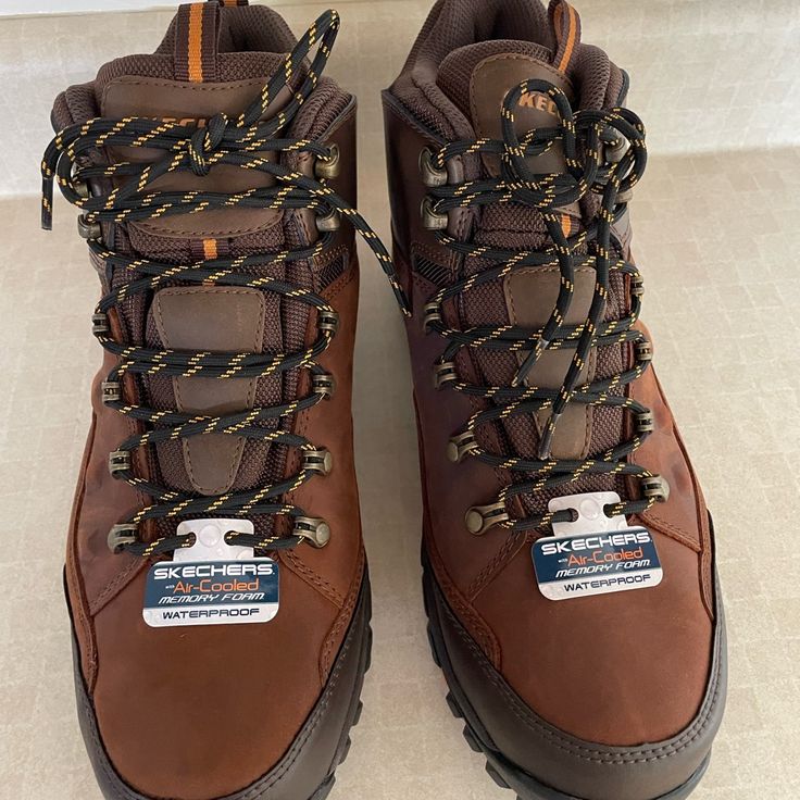 Mens Hiking Boots Size 11 Never Worn Skechers Brand Waterproof Brown Lace-up Boots, Brown Weatherproof Lace-up Boots, Brown Ankle-high Hiking Boots, Brown Work Boots With Cushioned Footbed For Outdoor Work, Brown Cushioned Work Boots For Outdoor, Brown Hiking Boots With Reinforced Round Toe, Rugged Brown Waterproof Ankle-high Boots, Rugged Ankle-high Waterproof Brown Boots, Rugged Brown Ankle-high Waterproof Boots