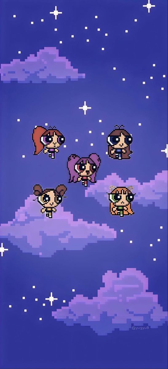 an image of some cartoon characters floating in the air with stars and clouds behind them