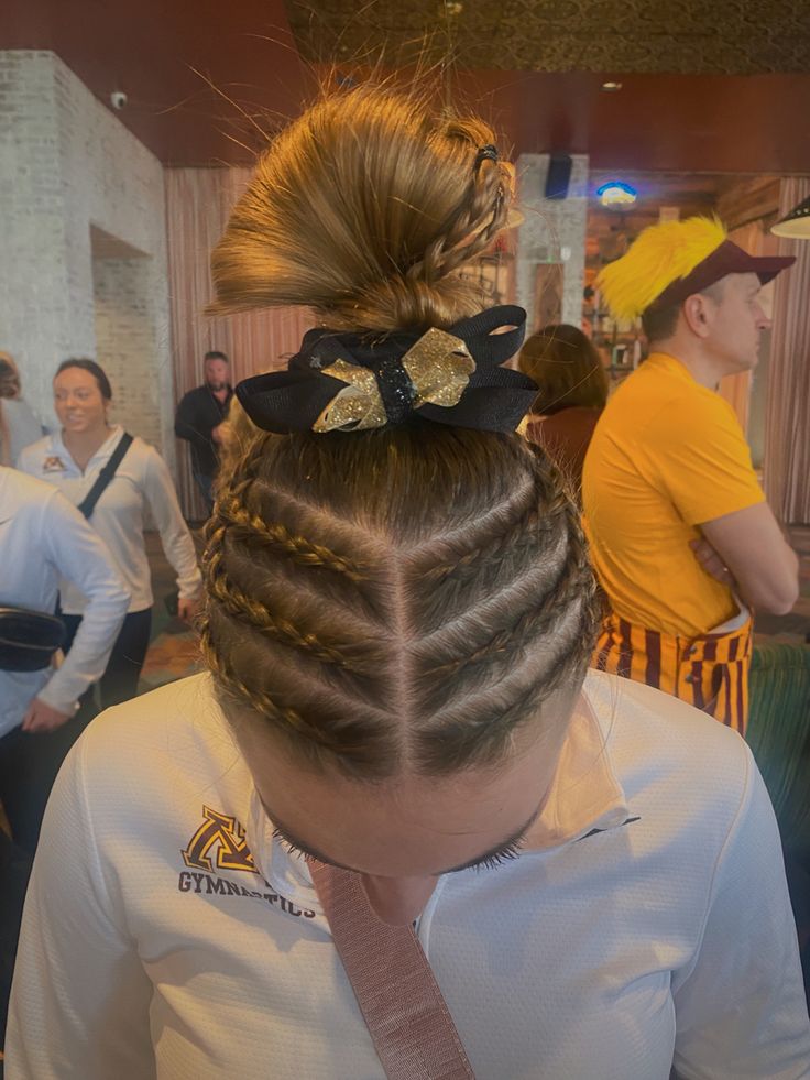 Competition Hair Cheerleading, Hair Ideas For Gymnastics Meets, Gymnastics Comp Hair, Gymnastics Competition Hair Braids, Gymnastics Meet Hair Buns, Braids For Gymnastics, Swim Meet Hairstyles, Meet Hair Gymnastics, Hairstyles For Gymnastics Competitions