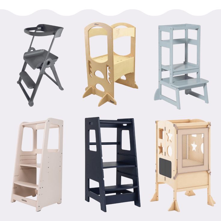 four different types of wooden baby cribs in various colors and sizes, including one with