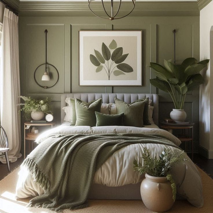 a bedroom with green walls and white bedding, plants in vases on the floor