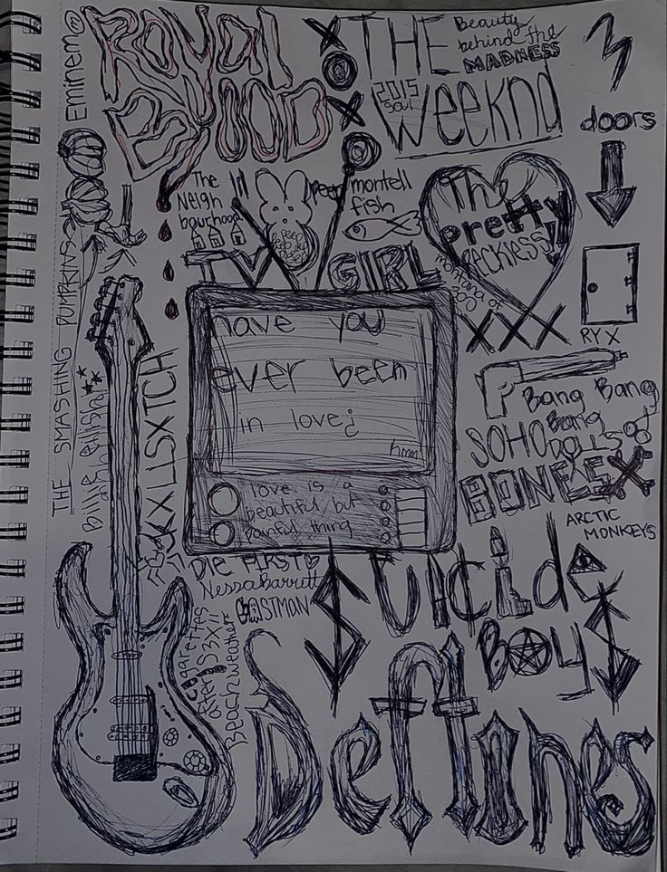 a notebook with writing on it and an electric guitar in the middle, surrounded by other doodles