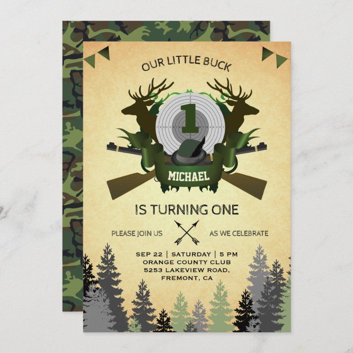 Hunting 1st Birthday Party, Hunting 1st Birthday, Deer Hunting Birthday, Hunting Birthday Party, Hunting Birthday, Hunting Themes, Hunter Kids, 1st Birthday Party Invitations, Carton Invitation