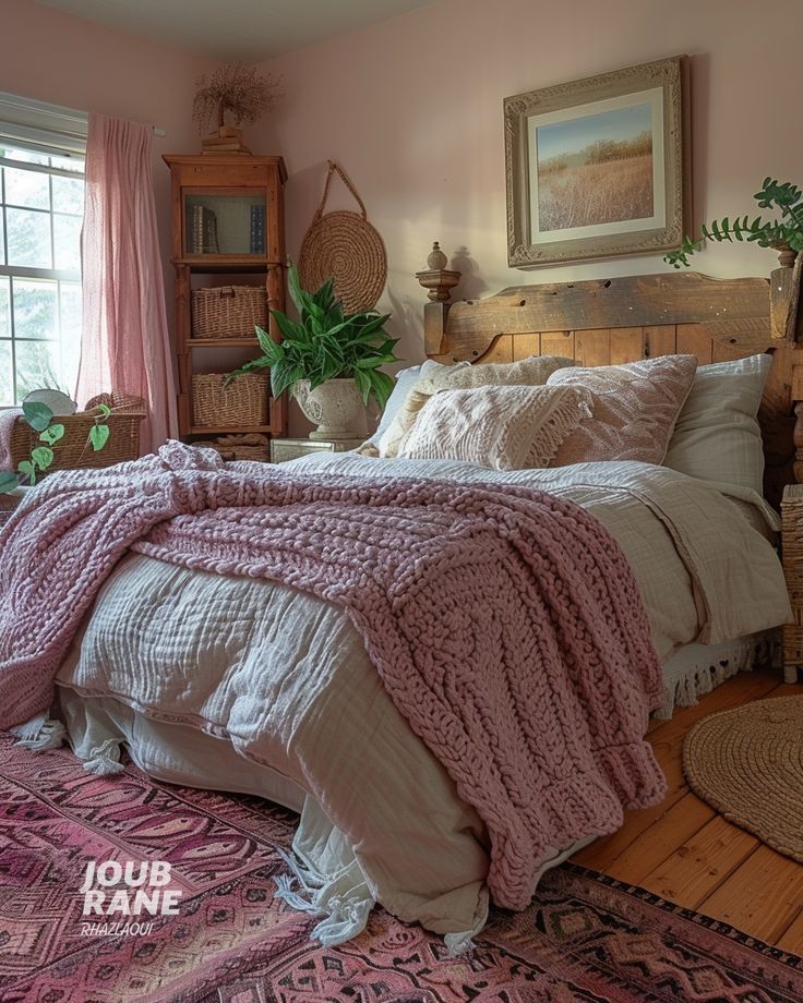 a bed with pink blankets and pillows in a bedroom next to a large potted plant