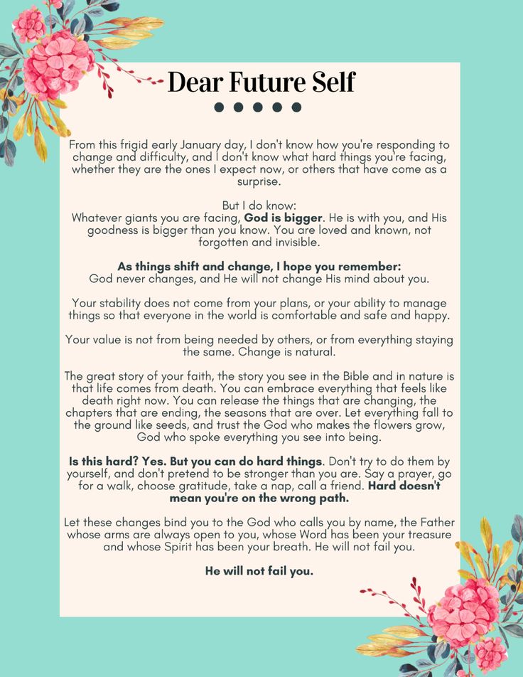 the poem dear future self is written in front of a blue background with pink flowers