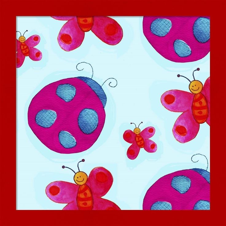 a painting of ladybugs and butterflies in pink, blue, and red colors