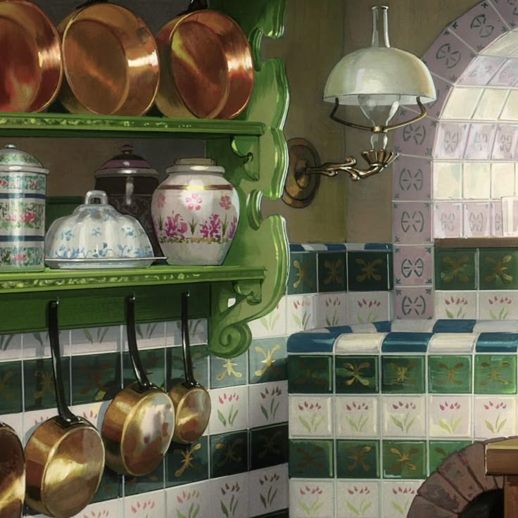 there is a green shelf with pots and pans on it