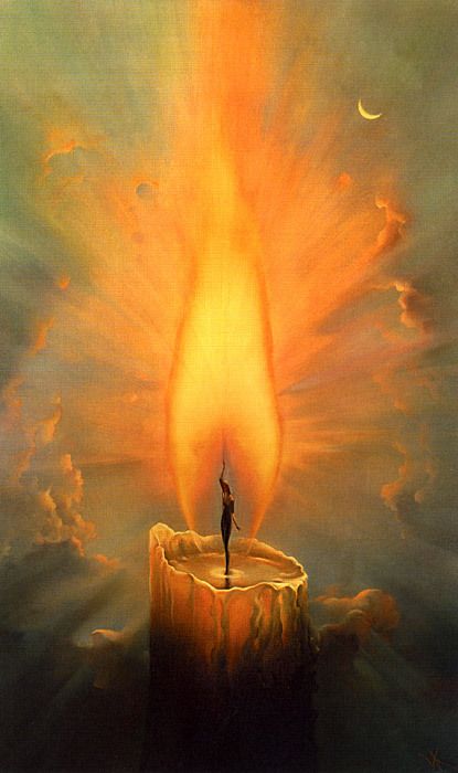 a painting of a person standing on top of a flame