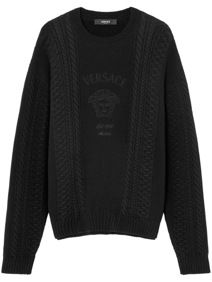 black cable knit Medusa Head motif embroidered logo to the front crew neck long sleeves ribbed cuffs and hem Black Long Sleeve Sweater With Embroidered Logo, Black Embroidered Logo Sweater For Winter, Black Sweater With Embroidered Logo For Winter, Black Winter Sweater With Embroidered Logo, Classic Embroidered Logo Sweater For Winter, Classic Winter Sweater With Embroidered Logo, Streetwear Cable Knit Sweater, Crew Neck Cable Knit Sweater For Streetwear, Cable Knit Crew Neck Sweater For Streetwear