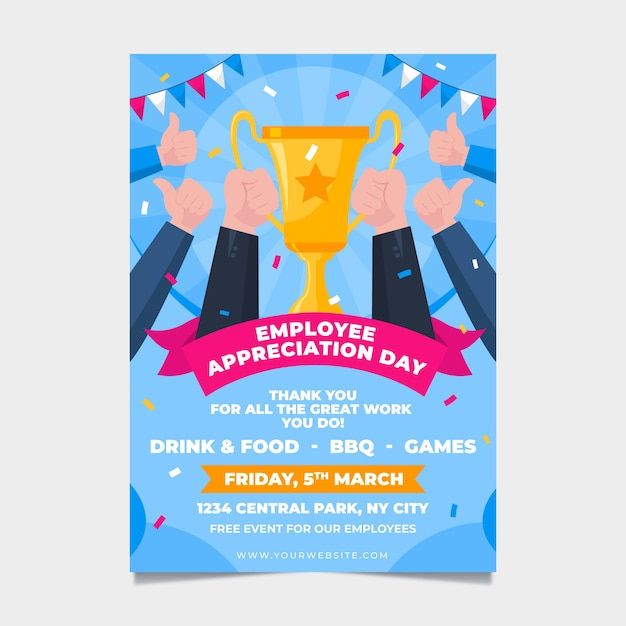 an employee appreciation day poster with two hands holding up a trophy and giving thumbs up